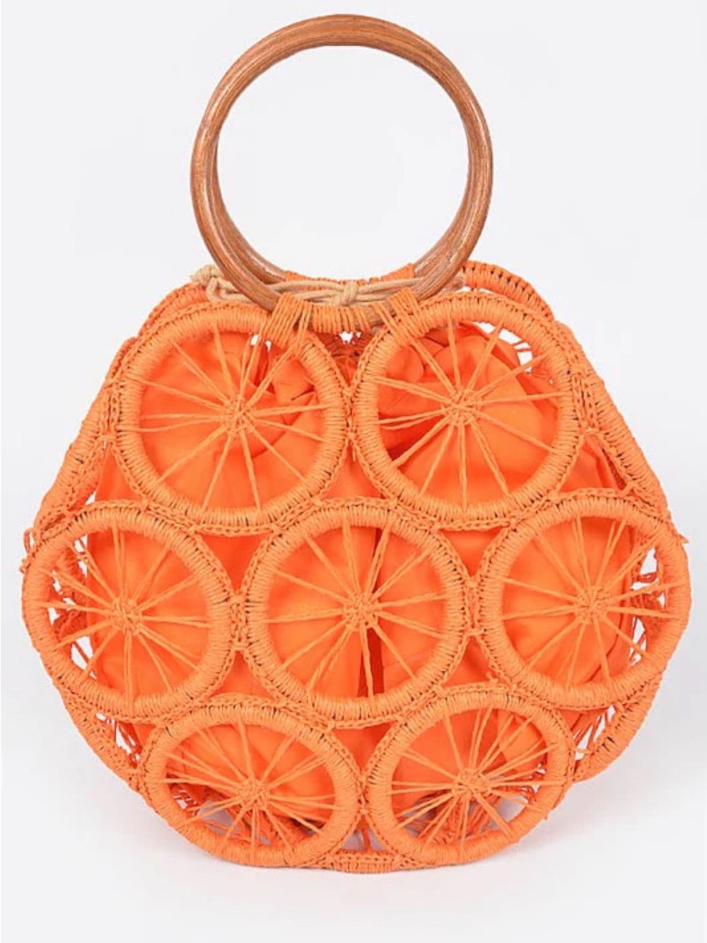 Bright Orange Circle-Woven Tote with Wood Ring Handles